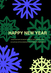 Happy New Year post card. Festive winter holiday postcard with snow, snowflakes pattern. Seasonal Xmas square background. Flat vector illustration.
