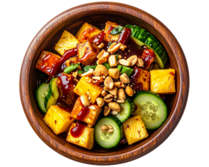 A vibrant top-view composition of Malaysian Rojak salad served in a rustic wooden bow 