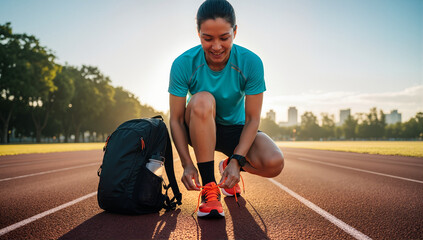 Young athletic woman tying her running shoes on a track before a workout. Female runner preparing for exercise at sunrise. Healthy lifestyle concept