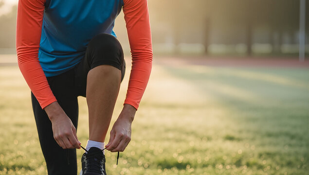 Athlete tying running shoes on a grassy field at sunrise. Preparation for a morning jog and workout. Active lifestyle concept with copy space