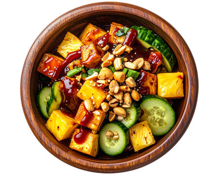 A vibrant top-view composition of Malaysian Rojak salad served in a rustic wooden bow 