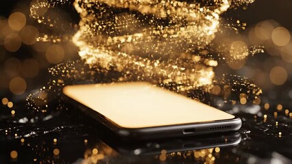 Contemporary smartphone with radiant yellow screen, golden glittering particles forming intricate swirling pattern above device, representing advanced digital communication and futuristic data flow - Powered by Adobe