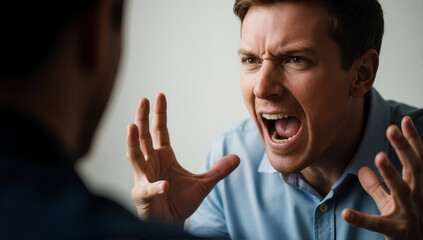 An angry man shouting and gesturing during a heated confrontation. A furious person yelling in an argument, expressing rage and frustration in a conflict situation