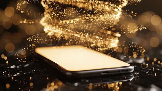 Contemporary smartphone with radiant yellow screen, golden glittering particles forming intricate swirling pattern above device, representing advanced digital communication and futuristic data flow