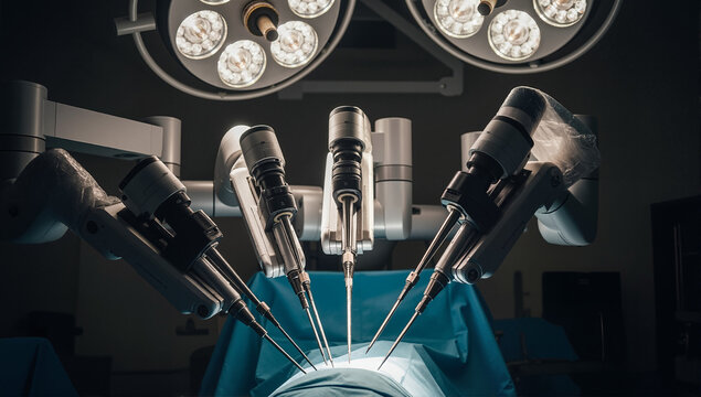 Robotic surgery system performing a minimally invasive procedure in an operating room. Advanced medical technology and the future of healthcare - Powered by Adobe