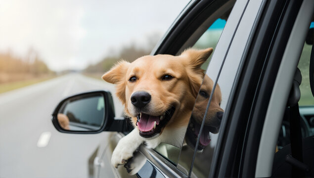 Happy dog looking out of a moving car window. Golden pet enjoying a ride during a road trip. Animal travel and freedom concept