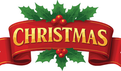 Gold Christmas Text on Red Ribbon with Holly