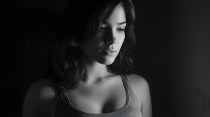 Naklejka premium A contemplative young woman in dramatic chiaroscuro lighting looking downwards