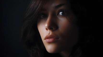 A dramatic low key portrait of a woman s face illuminated by soft light against a dark background