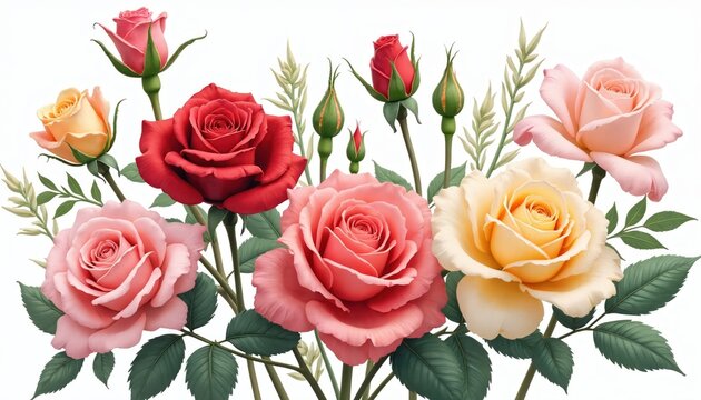 Diverse rose bouquet includes red pink and yellow blooms. Fresh flowers with green leaves and buds. Floral arrangement for celebration wedding or valentines day.