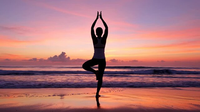 Woman silhouette performing yoga Tree Pose on sandy beach shoreline under vibrant sunset sky calm ocean waves washing onto shore tranquil scene of spiritual exercise and healthy lifestyle