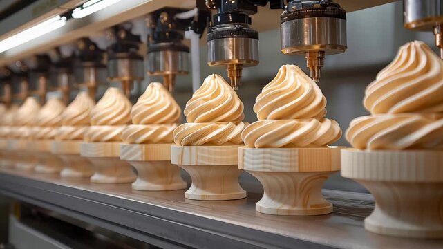 Industrial soft serve swirl ice cream cone dessert production line factory automation creamy texture vanilla flavor stainless steel machine precision