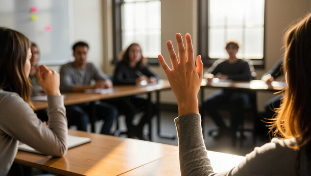 A student raises her hand to ask a question during a class. Active participation and engagement in a university lecture or seminar. Education and learning concept