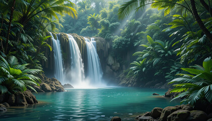Enchanting waterfall cascading into turquoise pool surrounded by lush tropical foliage, a serene jungle paradise that inspires tranquility and escape, perfect for travel and wellness
