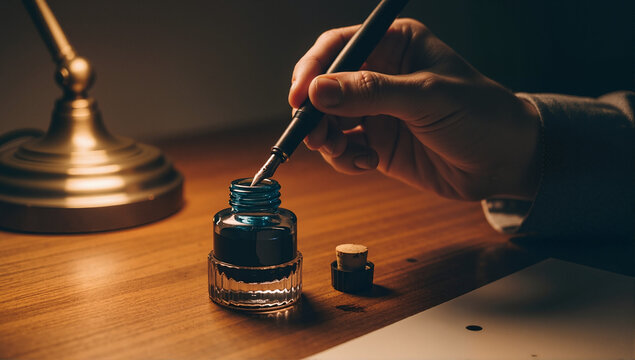 A person's hand dipping a classic fountain pen into a glass inkwell on a wooden desk. Vintage writing and correspondence concept with warm lighting - Powered by Adobe