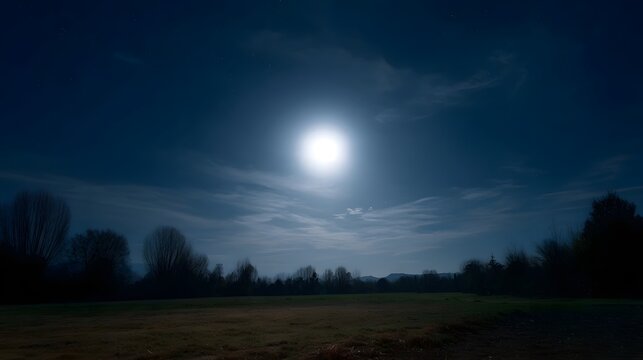 A bright full moon illuminates a tranquil night landscape with a field and treeline under a dark blue sky with wispy clouds