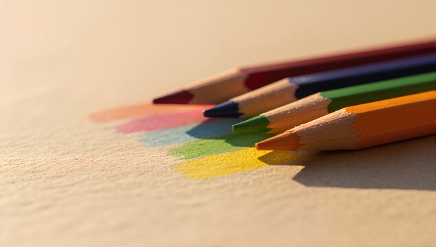Colorful pencils drawing swatches on textured paper in warm sunlight. A close-up of art supplies for creativity and education with copy space