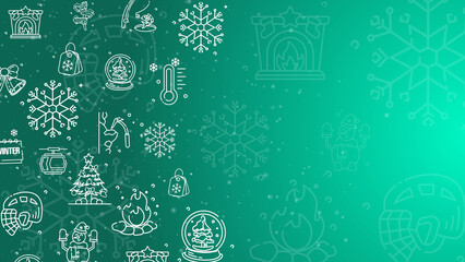 Doodle winter holiday icons line art seamless pattern with particles on a green background