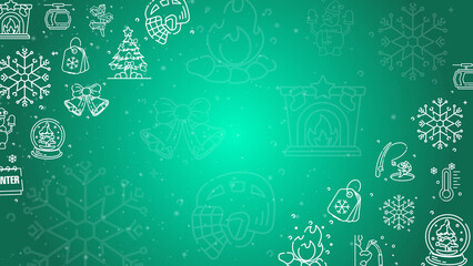 Doodle winter holiday icons line art seamless pattern with particles on a green background