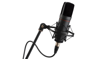 A professional black microphone sits on a stand, ready for sound capture, transparent png, isolated.