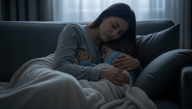 Mother holding her sleeping daughter on the couch at night. Tender moment of family comfort and love