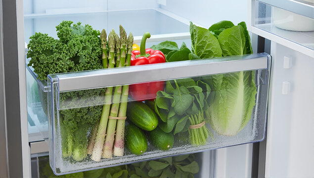 Refrigerator crisper drawer full of fresh green vegetables. Healthy eating, nutrition, and food storage concept