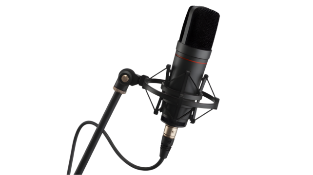 A professional black microphone sits on a stand, ready for sound capture, transparent png, isolated.