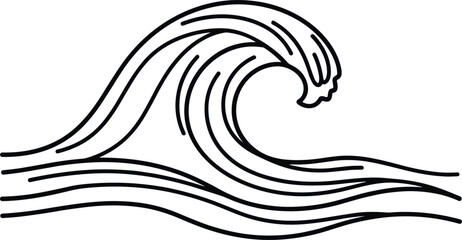 Stylized ocean wave illustration with flowing curves and crest detail, black-and-white vector design for nature, motion, and water concept