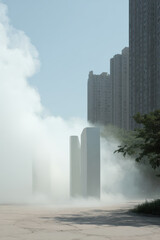 futuristic courtyard enveloped in mist featuring stunning ultrabright hologram of projected urban development