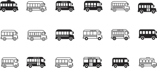 Stylized school bus icon set with 18 variations in shape, color, and features for transportation and educational vector content