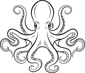 Stylized octopus illustration with symmetrical curling arms and suction cups, black-and-white vector design for marine and artistic concept