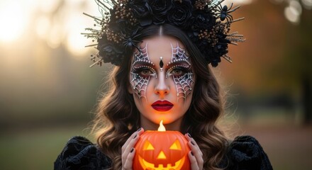 Mysterious Woman With Glitter Makeup Holds Illuminated Pumpkin