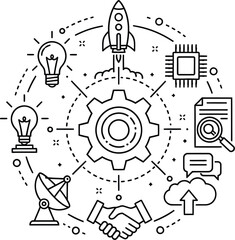 Obraz premium Circular diagram illustrating business startup and innovation, featuring a rocket, gears, lightbulbs, handshake, cloud, and computer chip, symbolizing growth and technology