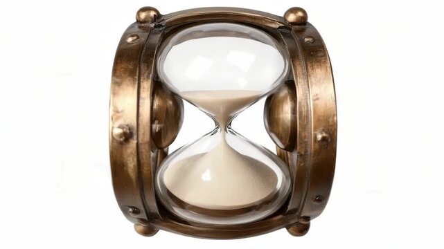 A gold and silver clock with a glass face. The clock has a sand timer on it. The sand timer is filled with sand and is almost empty