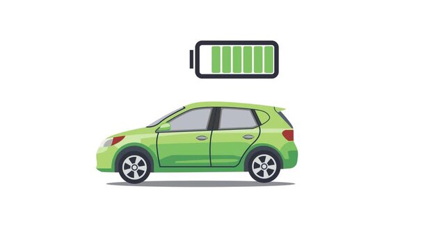 Green electric car animation charging battery, eco energy, clean technology concept.
