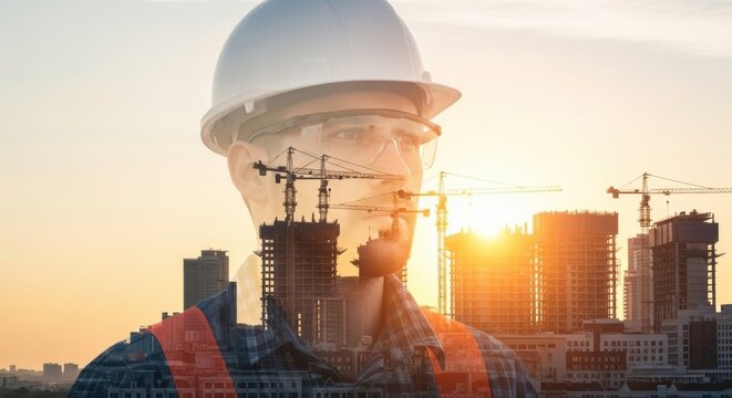 Construction worker overlayed with city skyline at sunset