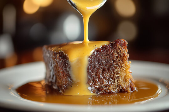 Warm, golden South African malva pudding with glossy caramel sauce, soft texture, and rich homemade sweetness on a plate.