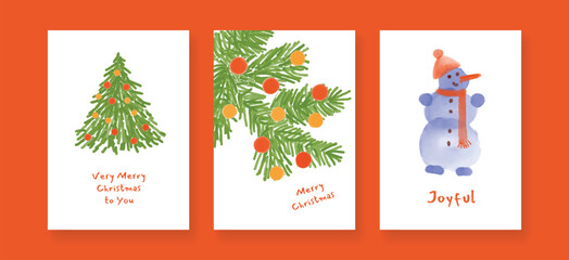 Childlike Christmas cards with watercolor tree, pine branches and a cute snowman. Soft festive style perfect for holiday greetings, posters and seasonal prints