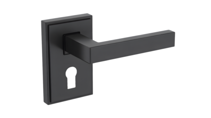 A dark modern door handle with a keyhole is isolated on a transparent png background.