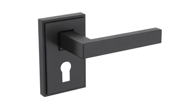 A dark modern door handle with a keyhole is isolated on a transparent png background.