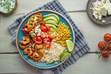 Overhead View of Healthy Shrimp Rice Bowl with Vegetables