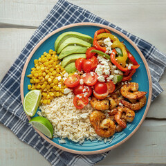 Grilled Shrimp Rice Bowl with Avocado and Corn