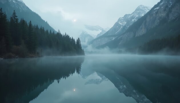 Tranquil mountain lake reflects snowy peaks, pine forest in foggy morning. Still water mirrors serene wilderness landscape. Quiet nature scenery with mist over calm surface at dawn. Peaceful outdoor