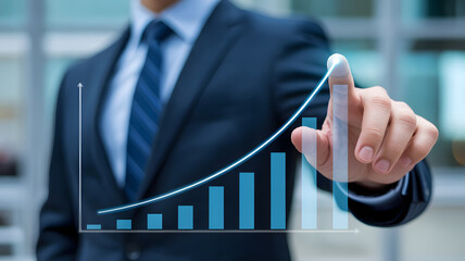 Businessman in suit pointing at upward trending financial growth chart with rising bar graph and line graph