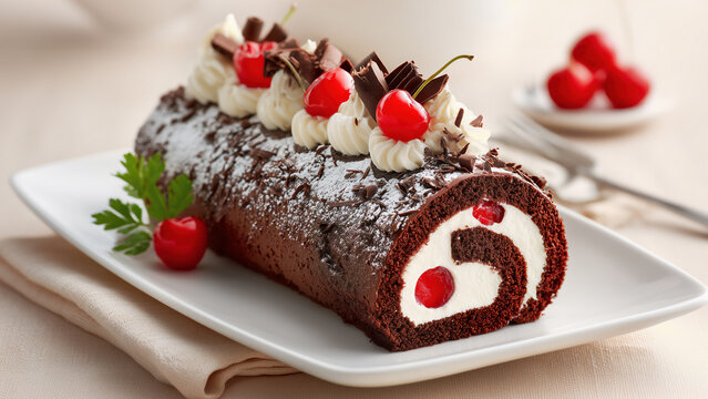 Fictional traditional Black Forest Roulade Cake, a rich chocolate and cream log covered in cherries, presented on an elegant white plate. German dessert for Christmas.  