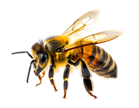 Detailed view of a fuzzy bee with intricate wings, on black