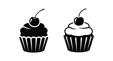 Two black and white illustrations of cupcakes topped with cherries
