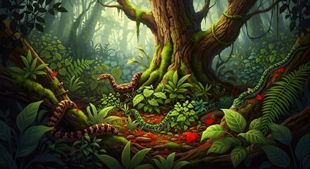 Snakes coiled in a lush vibrant jungle forest with sunlight