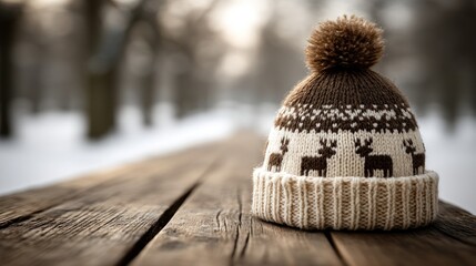 A knitted winter hat with reindeer patterns rests on a rustic wooden surface in a snowy park setting.