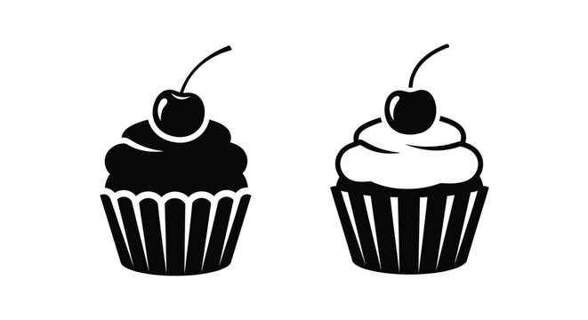 Two black and white illustrations of cupcakes topped with cherries
